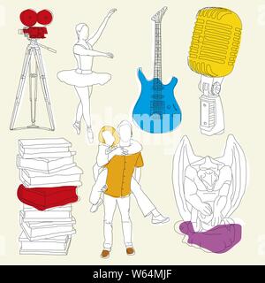 Vector illustration. Set of different artistic symbols in lineal style. Stock Vector