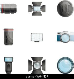 Photographer equipment icon set. Cartoon set of 9 photographer equipment vector icons for web design isolated on white background Stock Vector