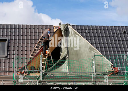 Roofer stands unsecured on a ladder Stock Photo