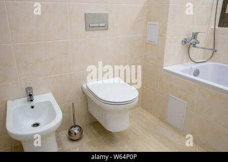 Toilet bowl and bidet in light modern bathroom Stock Photo - Alamy