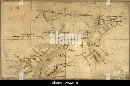 American Revolutionary War Era Maps 1750-1786 592 Map of the country between and bordering the Delaware River and Chesapeake Bay showing roads to Philadelphia Rebuild and Repair Stock Photo