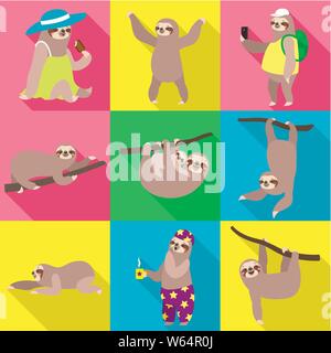 Wild sloth icon set. Flat set of 9 wild sloth vector icons for web design isolated on white background Stock Vector