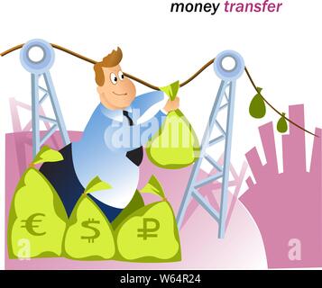 Vector illustration with a cartoon bank employee who deals with money transfers. This is a white man who symbolically sends customers bags of differen Stock Vector