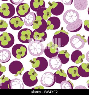 Artistic, Detailed and Colorful Mangosteen Drawing Seamless Pattern on White Background. Hand-drawn Fruit Design Stock Vector