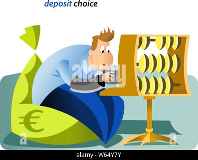 Vector illustration with a cartoon bank employee, in the image of an accountant counting accounts.  This is a white man who symbolically calculates ho Stock Vector