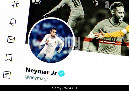 Twitter page (July 2019) Neymar Jr (Neymar da Silva Santos Júnior) - Brazilian foortballer Stock Photo