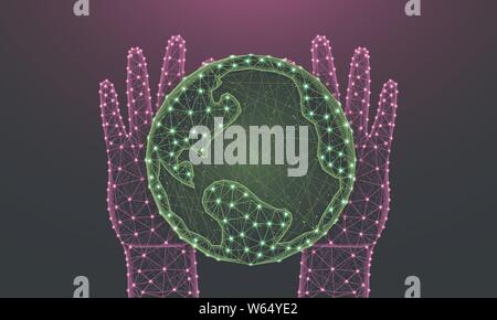 Hands and Earth low poly design, save the planet in polygonal style, future, nature and ecology of the earth wire frame vector illustration made from Stock Vector
