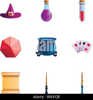 Magician tools icon set. Cartoon set of 9 magician tools vector icons for web design isolated on white background Stock Vector