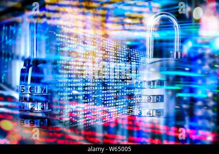 Programming code with combination lock and abstract technical background Stock Photo