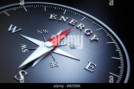 Dark compass with red needle pointing at the word energy - 3D illustration Stock Photo