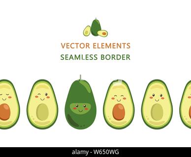 Seamless border of vector smiling avocado characters isolated on a white background. Whole and cut in half avocado with pit. Endless horizontal brush Stock Vector