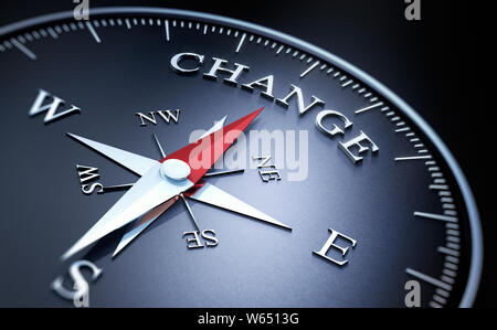 Dark compass with red needle pointing at the word change - 3D illustration Stock Photo