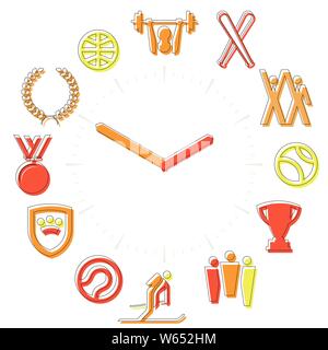 Vector illustration. Sport time. Activities icons in a watch sphere with hours. Stock Vector