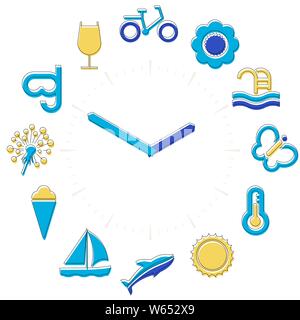 Vector illustration. Summer time. Activities icons in a watch sphere with hours. Stock Vector