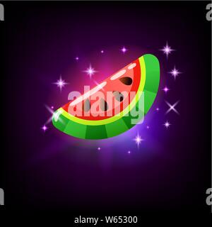 Slice of sweet ripe pink glossy watermelon, slot icon for online casino or logo for mobile game on dark purple background, vector illustration. Stock Vector