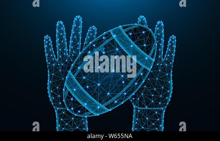 Hands and ball for playing rugby football low poly design, sports game in polygonal style, catch or throw the ball wireframe vector illustration made Stock Vector