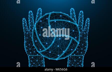 Hands and ball for playing volleyball low poly design, sports game in polygonal style, catch or throw the ball wireframe vector illustration made from Stock Vector