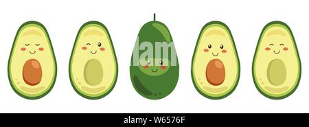 Set of vector smiling avocado characters isolated on a white background. Whole and cut in half avocado with pit. Stock Vector