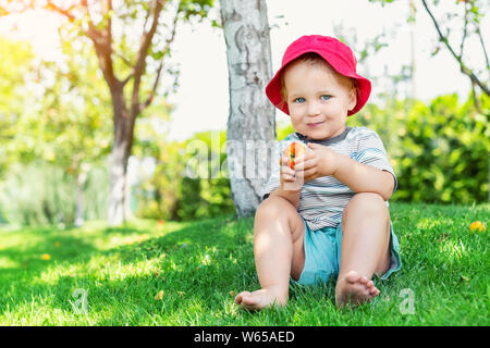 Portrait of happy Cute adorable toddler boy sitting on green grass and eating ripe juicy organic apple in fruit garden under trees. Funny caucasian Stock Photo