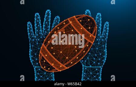 Hands and ball for playing rugby football low poly design, sports game in polygonal style, catch or throw the ball wireframe vector illustration made Stock Vector