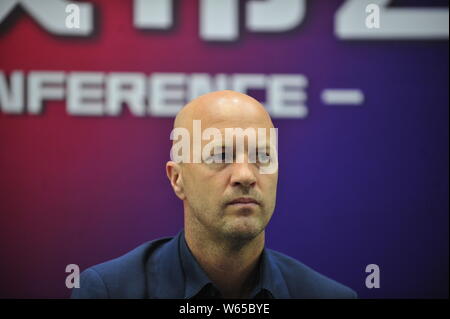 Dutch former football player Johan Jordi Cruijff, new head coach of Chongqing SWM, attends a press conference in Chongqing, China, 8 August 2018. Stock Photo