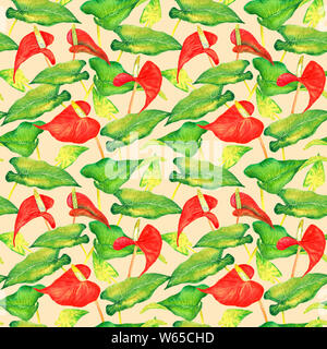 Anthurium (tailflower, flamingo flower, laceleaf) red flowers and bright green leaves, hand painted watercolor illustration, seamless pattern design Stock Photo