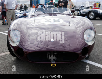 Front view of a 1957 Maserati 300S, in  the National Paddock waiting for the qualifying session of the Stirling Moss Trophy for Pre '61 Sportscars Stock Photo