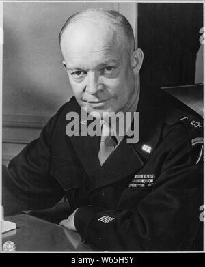 General Dwight D. Eisenhower, Supreme Allied Commander, at his headquarters in the European theater of operations. He wears the five-star cluster of the newly-created rank of General of the Army., 02/01/1945; General notes:  Use War and Conflict Number 745 when ordering a reproduction or requesting information about this image. Stock Photo