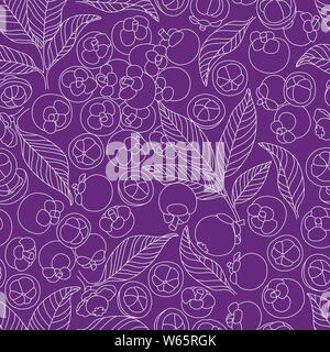 Artistic and Detailed Mangosteen Line Drawing Seamless Pattern on Purple Background. Hand-drawn Fruit Design Stock Vector