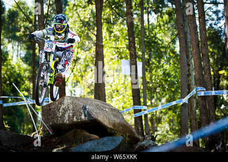 APRIL 22, 2011 - PIETERMARITZBURG, SOUTH AFRICA. Sam Hill (AUS) racing at the UCI Mountain Bike Downhill World Cup. Wearing the World Champion Rainbow Stock Photo