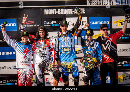 AUGUST 2, 2014 - MONT SAINTE ANNE, CANADA.  UCI MTB DH World Cup podium: 1. Sam Hill, 2. josh Bryceland, 3. Danny Hart, 4. Troy Brosnan, 5. Sam Blenki Stock Photo