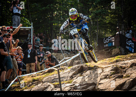 AUGUST 2, 2014 - MONT SAINTE ANNE, CANADA. Sam Hill (AUS) racing at the UCI Mountain Bike Downhill World Cup Stock Photo