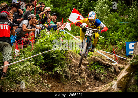 JUNE 14, 2015 - LEOGANG, AUSTRIA. Loic Bruni racing at the UCI Mountain Bike Downhill World Cup Stock Photo