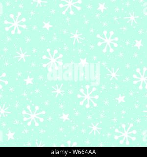 Hand drawn abstract white Christmas snowflakes on ice blue background vector seamless pattern. Winter Holiday Festive Print. Morning Snowfall. Nordic Stock Vector