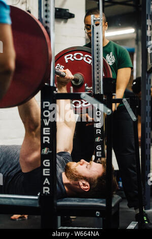 Male Competitor at the University of Leeds Powerlifting meet up at Implexus Gym. Stock Photo