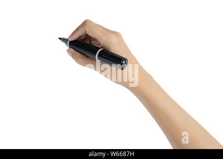 close up of hand holding black magic marker pen ready to writing something isolated on white background with copy space, studio shot, back view Stock Photo