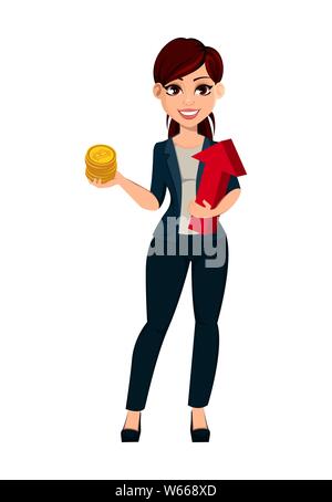 Young beautiful business woman holds bitcoins and red arrow. Cute female cartoon character businesswoman. Vector illustration on white background Stock Vector