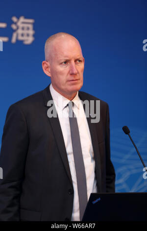 Andreas Weller, president of region Asia Pacific of ZF Friedrichshafen AG, attends a promotional meeting ahead of the 2018 China International Import Stock Photo