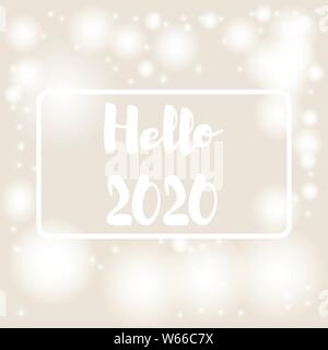 Vector illustration. Beige background with bokeh and lights and frame for text hello 2020 for festive greeting cards Stock Vector