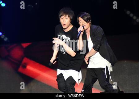 Japanese musician and singer Teruhiko Kobashi, better known by his stage name TERU, right, of rock band GLAY, and Chen Hsin-hung, better known by his Stock Photo