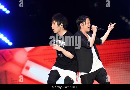 Japanese musician and singer Teruhiko Kobashi, better known by his stage name TERU, right, of rock band GLAY, and Chen Hsin-hung, better known by his Stock Photo