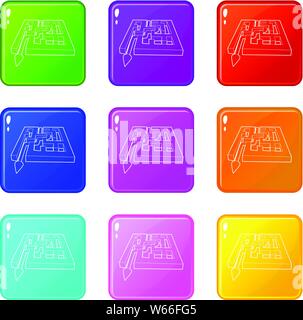 Path with arrow across labyrinth icons set 9 color collection Stock Vector