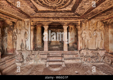 stone carving inside of Ravana Phadi Cave Temples, Aihole, Karnataka, India Stock Photo