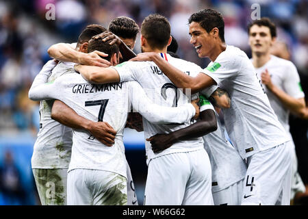 Players of France celebrate after defeating Uruguay in their quarterfinal match during the 2018 FIFA World Cup in Nizhny Novgorod, Russia, 6 July 2018 Stock Photo