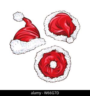 Red Santa Claus hats set. Merry Christmas 2020 accessories, isolated vector elements. Top view marker drawings objects. Xmas, New Year party symbols, cartoon design for celebrate. Stock Vector