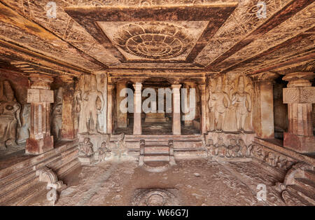 stone carving inside of Ravana Phadi Cave Temples, Aihole, Karnataka, India Stock Photo