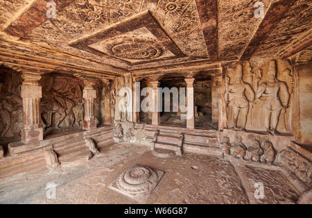 stone carving inside of Ravana Phadi Cave Temples, Aihole, Karnataka, India Stock Photo