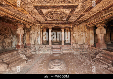 stone carving inside of Ravana Phadi Cave Temples, Aihole, Karnataka, India Stock Photo