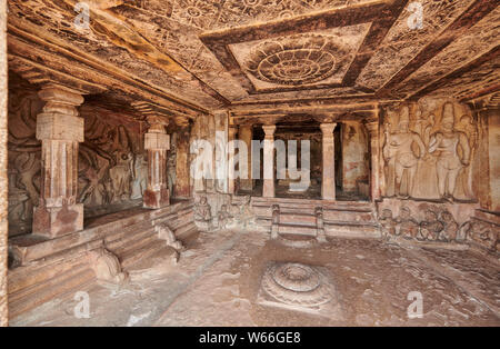 stone carving inside of Ravana Phadi Cave Temples, Aihole, Karnataka, India Stock Photo