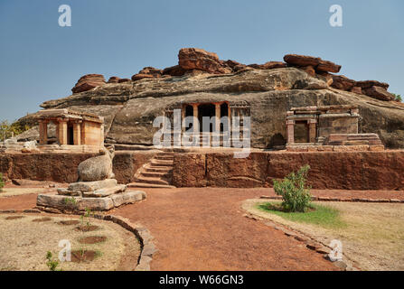 outside of Ravana Phadi Cave Temples, Aihole, Karnataka, India Stock Photo